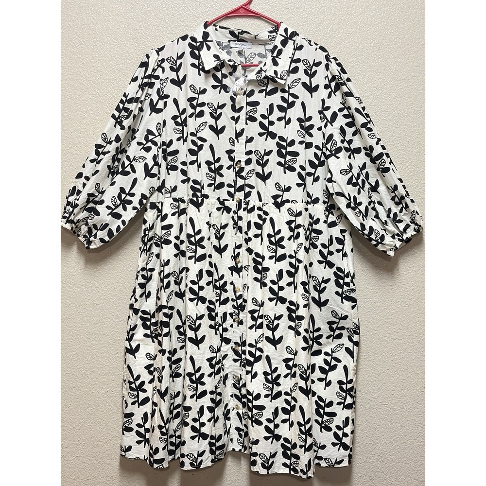 Polagram Woven Floral Tunic Dress Collared Elastic 3/4 Sleeve XXXL